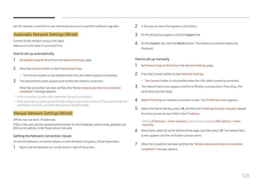 Samsung LH65DMEXTBC/EN manual 126, Automatic Network Settings Wired, Manual Network Settings Wired, Manually 