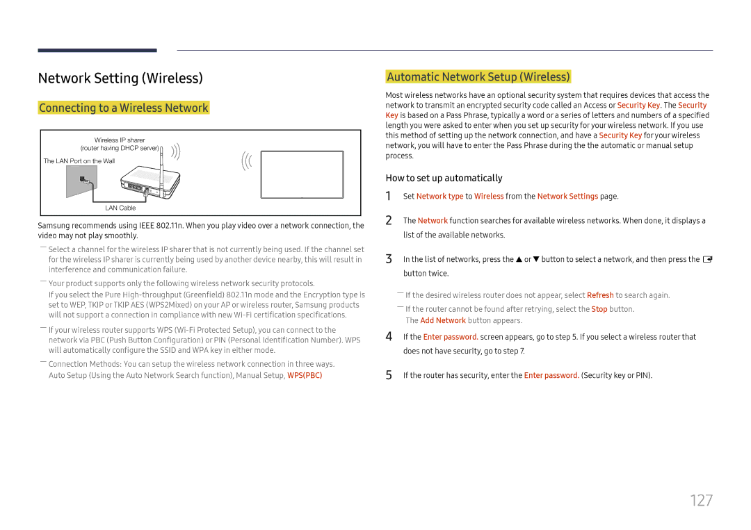 Samsung LH65DMEXTBC/EN 127, Network Setting Wireless, Connecting to a Wireless Network, Automatic Network Setup Wireless 