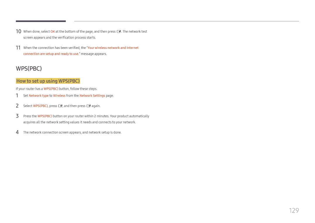 Samsung LH65DMEXTBC/EN manual 129, How to set up using Wpspbc, If your router has a Wpspbc button, follow these steps 