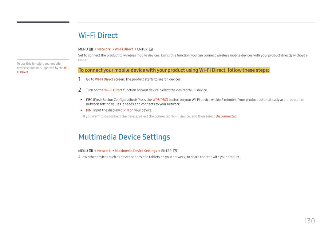 Samsung LH65DMEXTBC/EN manual Multimedia Device Settings, 130, Menu m → Network → Wi-Fi Direct → Enter E 