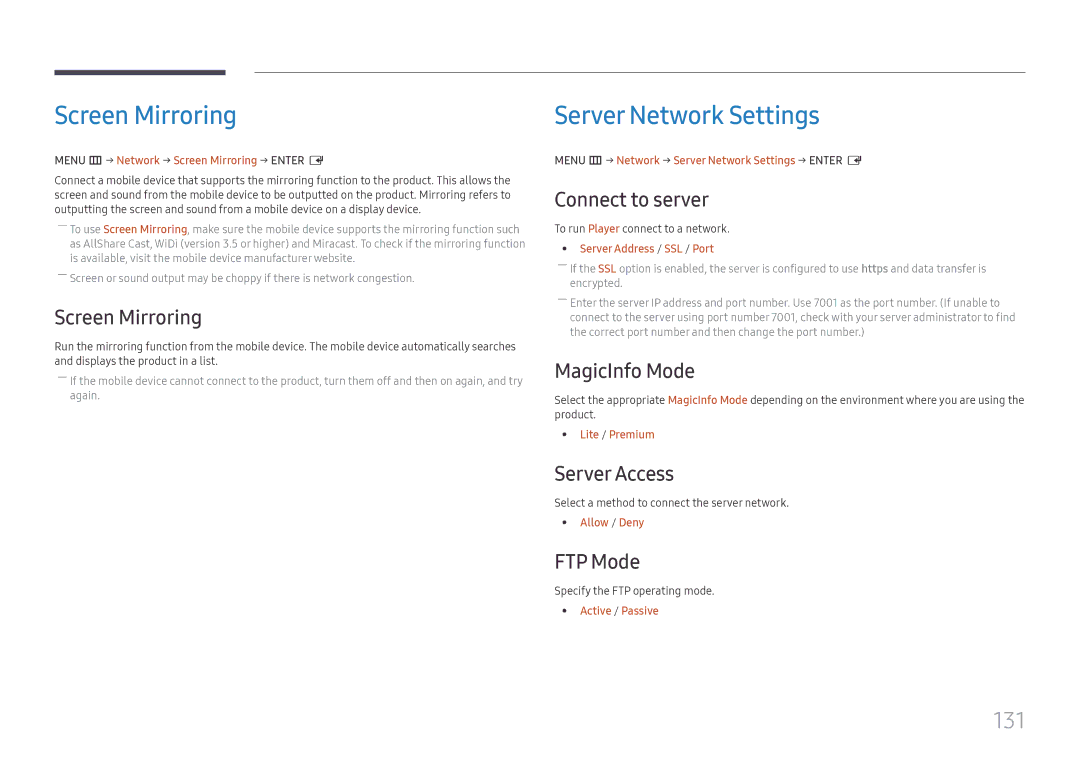 Samsung LH65DMEXTBC/EN manual Screen Mirroring, Server Network Settings, 131 