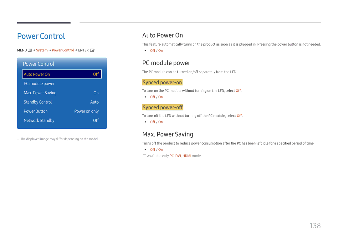 Samsung LH65DMEXTBC/EN manual Power Control, 138, Auto Power On, PC module power, Max. Power Saving 
