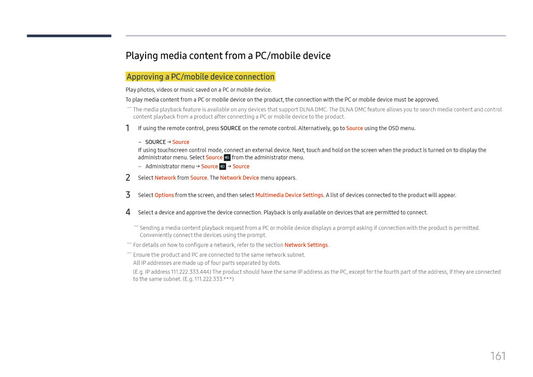 Samsung LH65DMEXTBC/EN manual 161, Playing media content from a PC/mobile device, Approving a PC/mobile device connection 