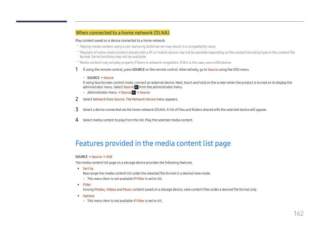 Samsung LH65DMEXTBC/EN Features provided in the media content list, 162, When connected to a home network Dlna, Filter 