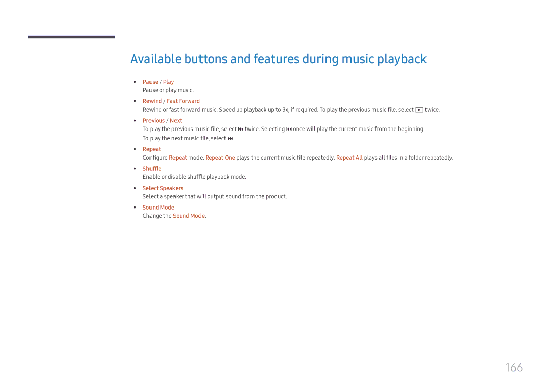 Samsung LH65DMEXTBC/EN manual Available buttons and features during music playback, 166, Shuffle 