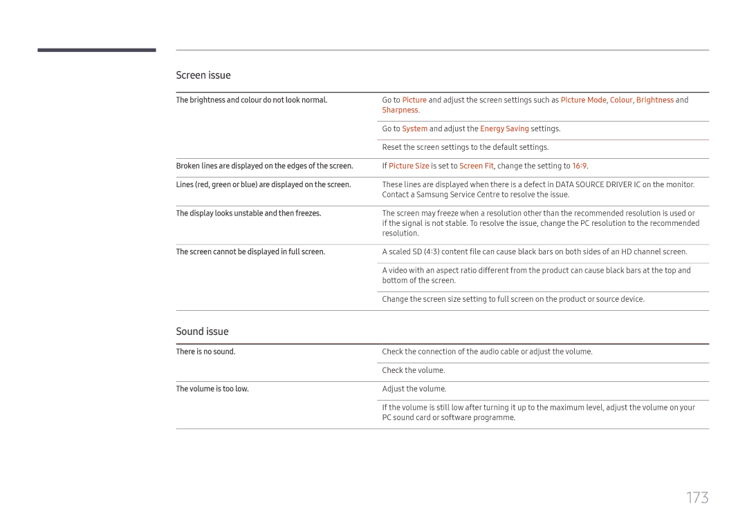 Samsung LH65DMEXTBC/EN manual 173, Sound issue, Sharpness 