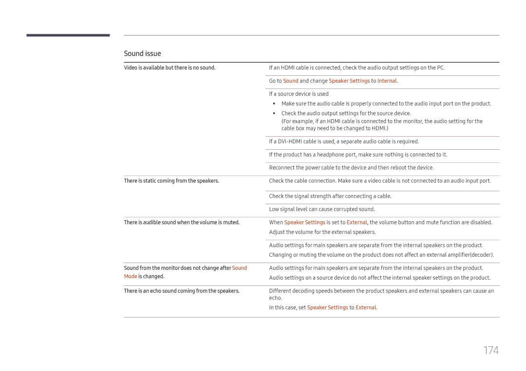 Samsung LH65DMEXTBC/EN manual 174, Go to Sound and change Speaker Settings to Internal 