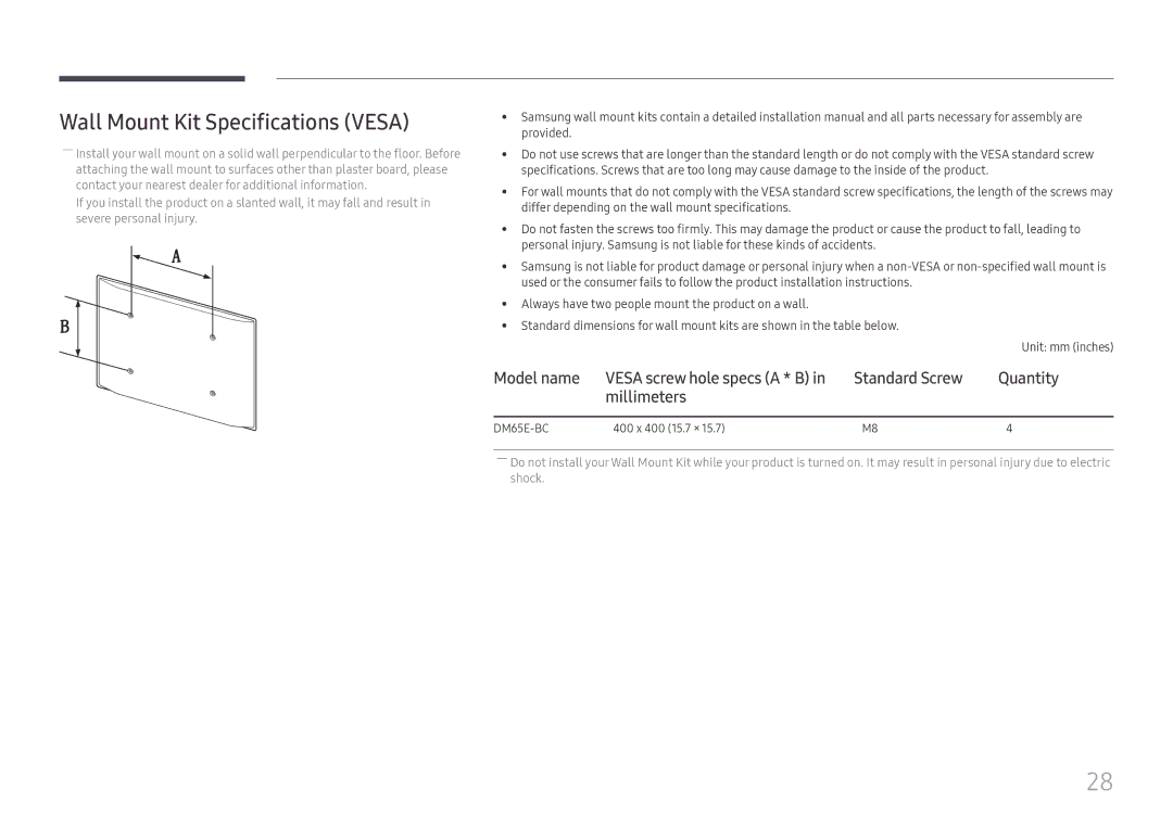 Samsung LH65DMEXTBC/EN manual Wall Mount Kit Specifications Vesa, Model name, Standard Screw Quantity Millimeters 