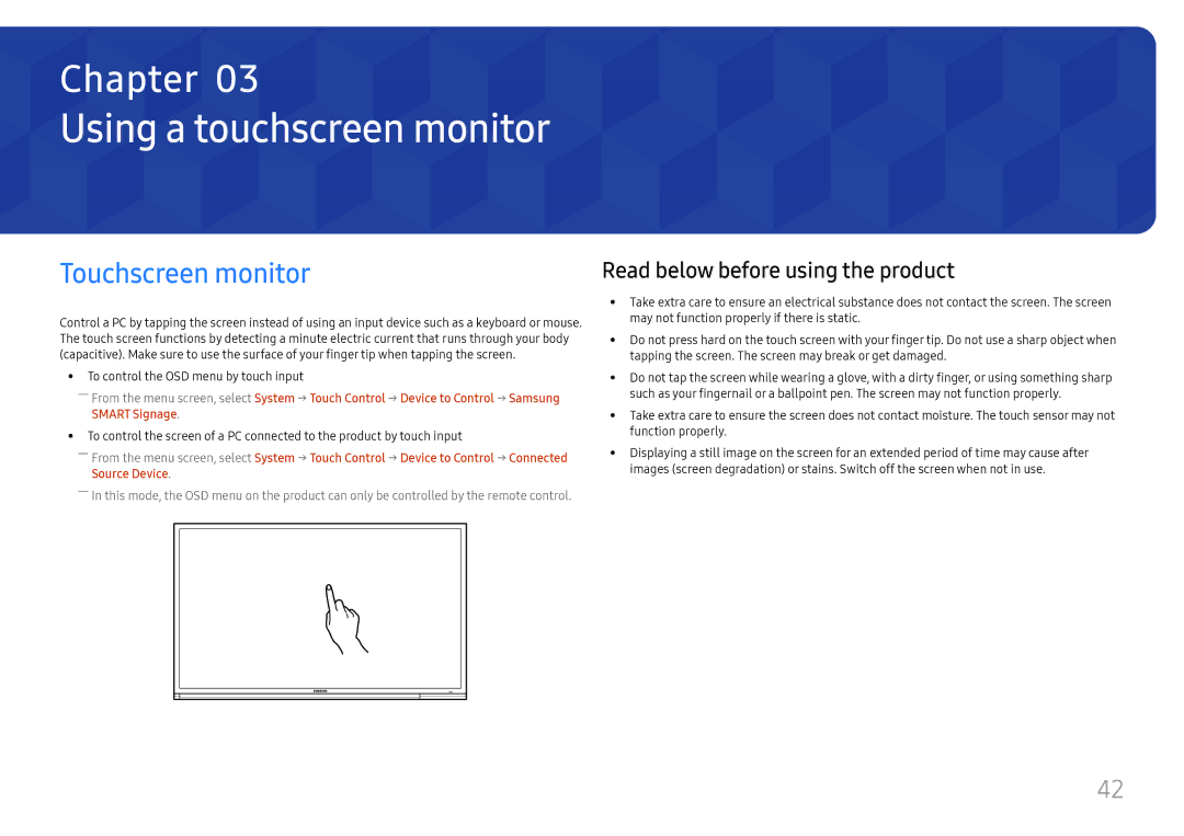 Samsung LH65DMEXTBC/EN manual Using a touchscreen monitor, Touchscreen monitor, Read below before using the product 