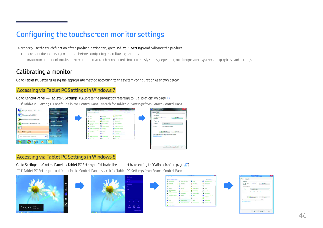 Samsung LH65DMEXTBC/EN manual Configuring the touchscreen monitor settings, Calibrating a monitor 