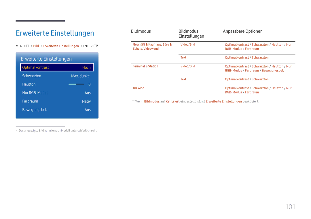 Samsung LH65DMEXTBC/EN manual Erweiterte Einstellungen, 101, Bildmodus Anpassbare Optionen Einstellungen 