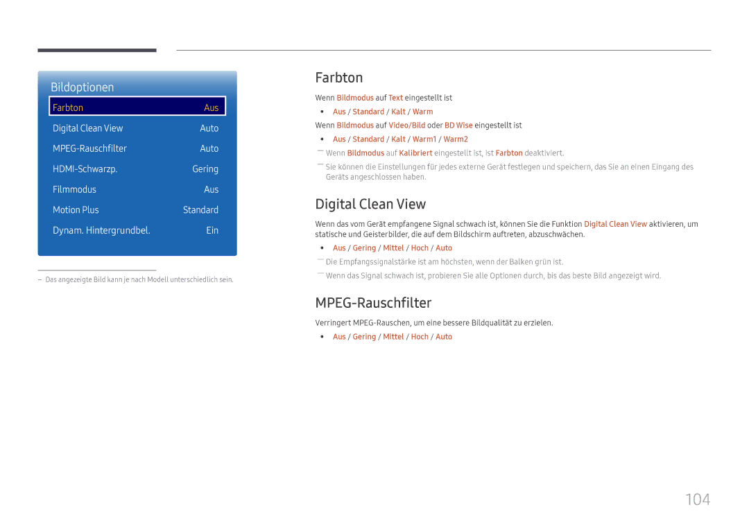 Samsung LH65DMEXTBC/EN manual 104, Farbton, Digital Clean View, MPEG-Rauschfilter 