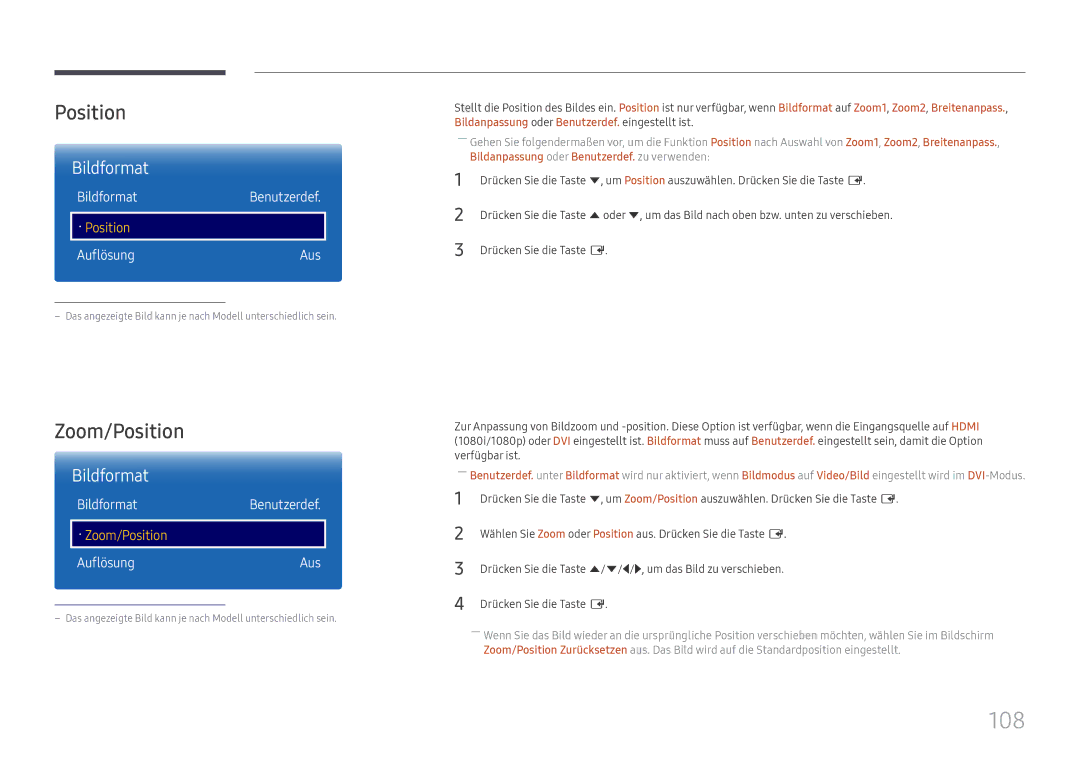 Samsung LH65DMEXTBC/EN manual 108, Zoom/Position 