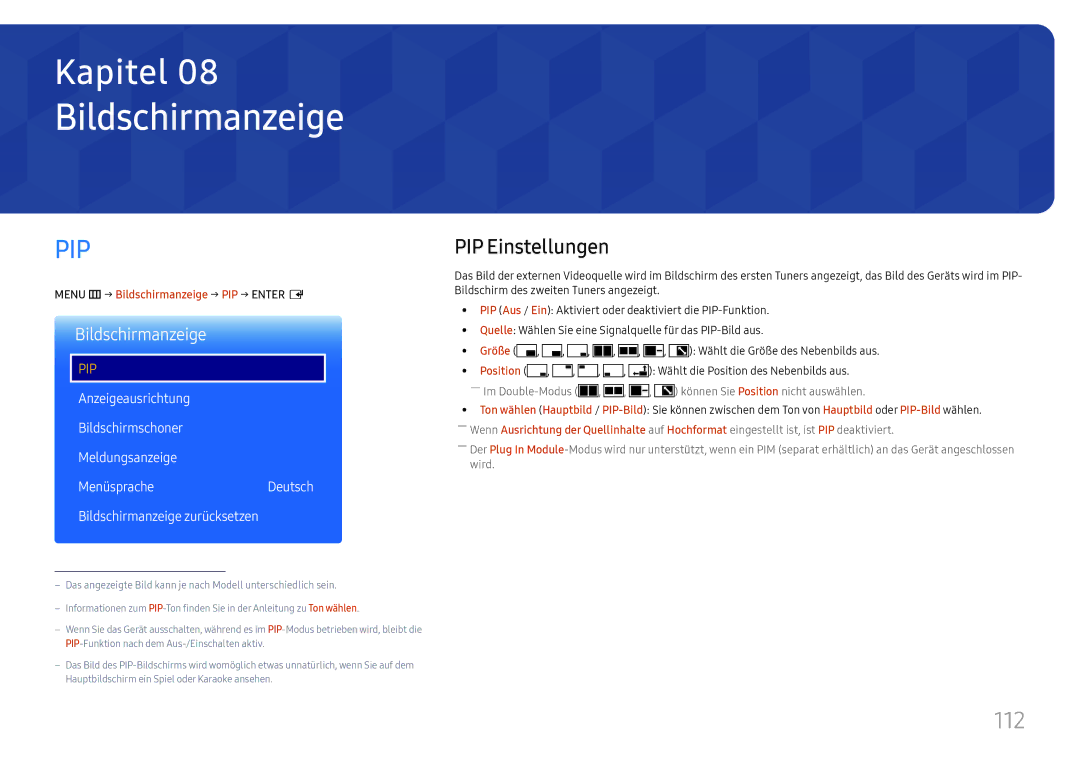 Samsung LH65DMEXTBC/EN manual 112, PIP Einstellungen, Menu m → Bildschirmanzeige → PIP → Enter E 