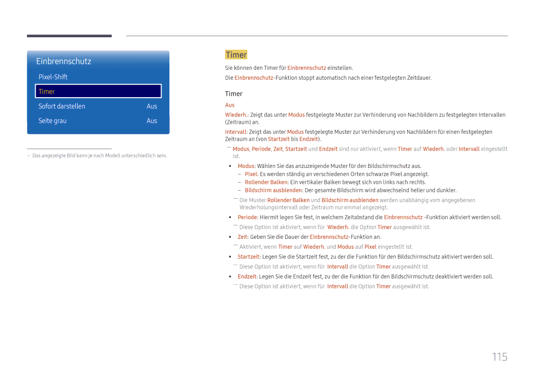 Samsung LH65DMEXTBC/EN manual 115, Einbrennschutz, Timer, Aus 