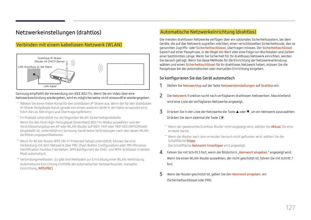 Samsung LH65DMEXTBC/EN manual 127, Netzwerkeinstellungen drahtlos, Verbinden mit einem kabellosen Netzwerk Wlan 