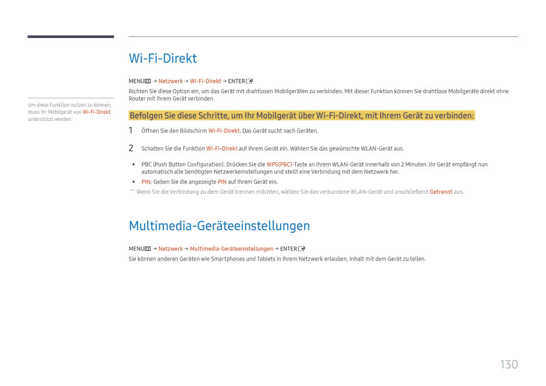 Samsung LH65DMEXTBC/EN manual Multimedia-Geräteeinstellungen, 130, MENUm → Netzwerk → Wi-Fi-Direkt → Entere 