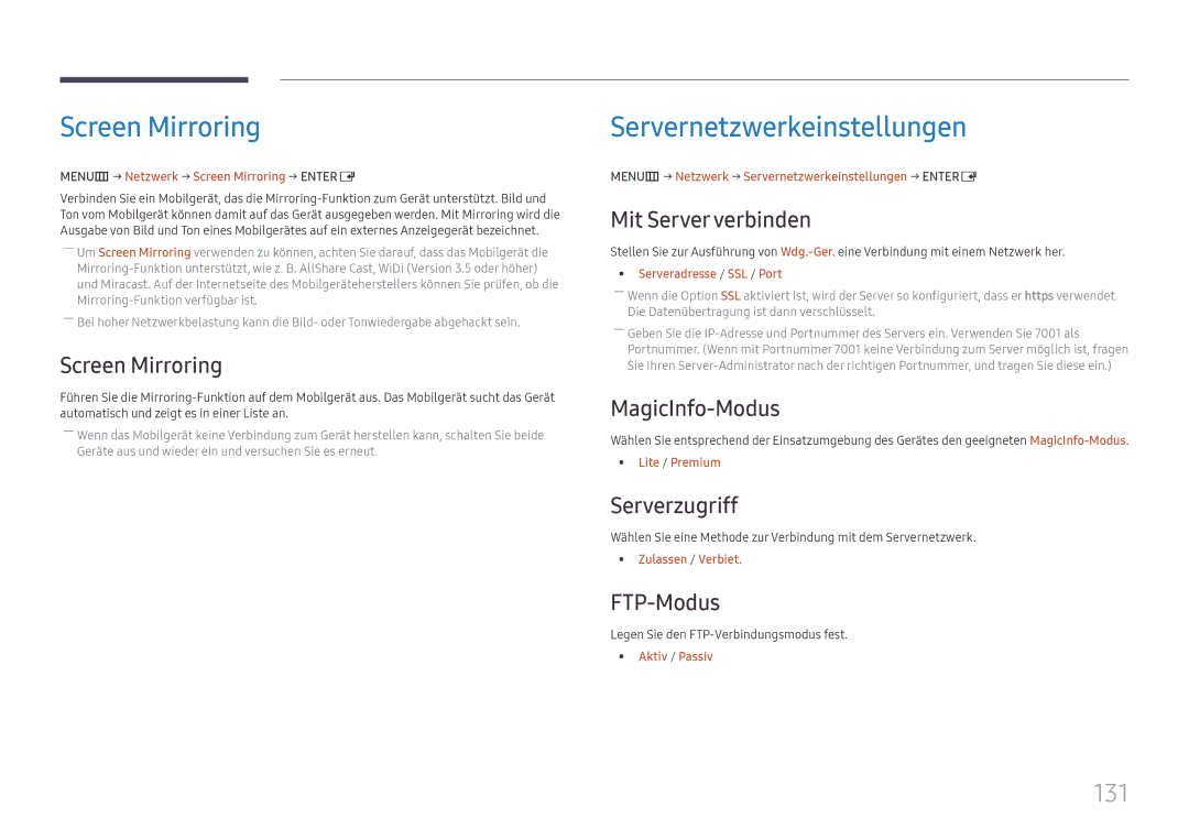 Samsung LH65DMEXTBC/EN manual Screen Mirroring, Servernetzwerkeinstellungen, 131 