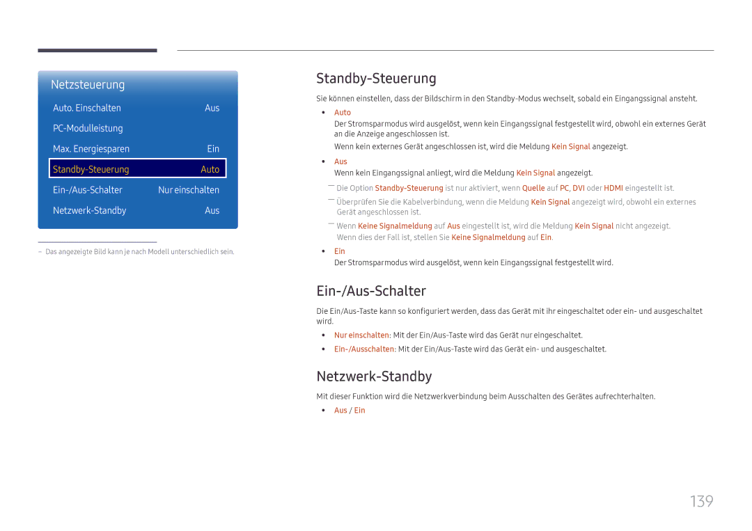 Samsung LH65DMEXTBC/EN manual 139, Standby-Steuerung, Ein-/Aus-Schalter, Netzwerk-Standby, Auto 