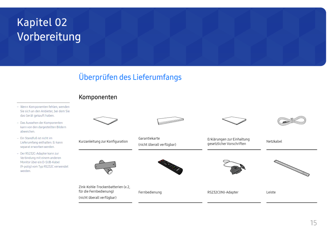 Samsung LH65DMEXTBC/EN manual Vorbereitung, Überprüfen des Lieferumfangs, Komponenten 