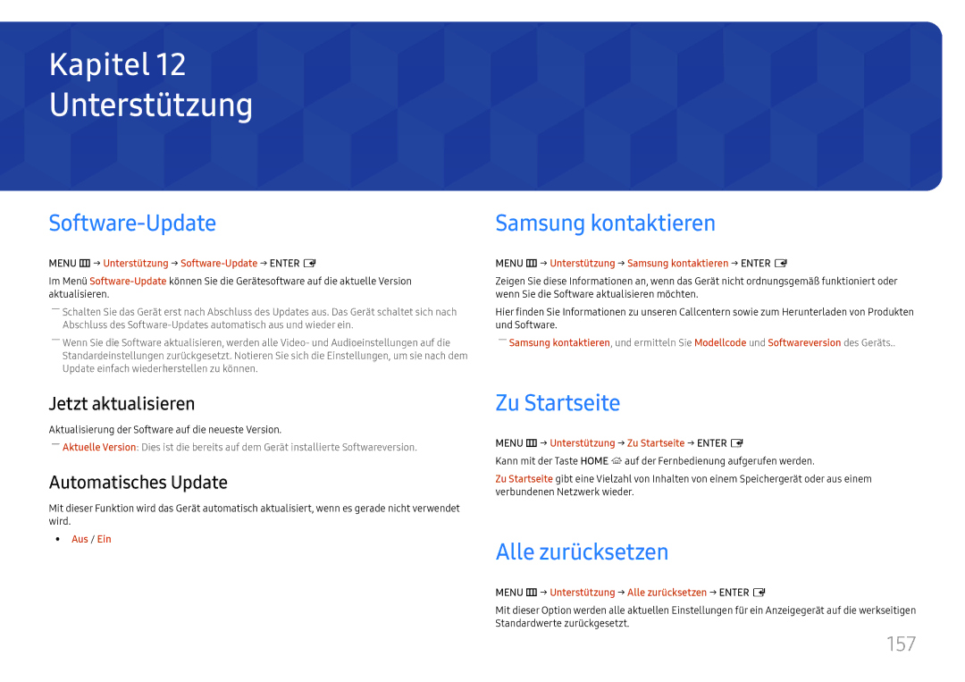 Samsung LH65DMEXTBC/EN manual Unterstützung, Software-Update, Samsung kontaktieren, Zu Startseite, Alle zurücksetzen 