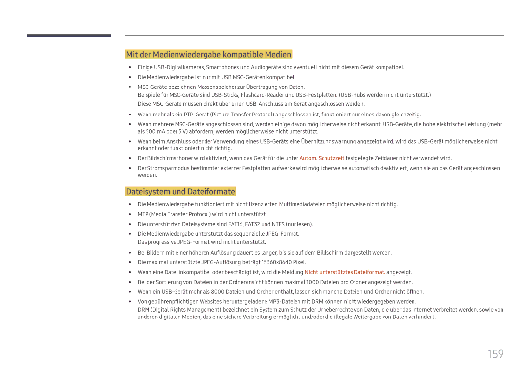 Samsung LH65DMEXTBC/EN manual 159, Mit der Medienwiedergabe kompatible Medien, Dateisystem und Dateiformate 