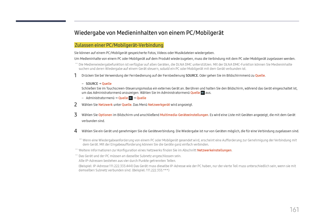 Samsung LH65DMEXTBC/EN 161, Wiedergabe von Medieninhalten von einem PC/Mobilgerät, Zulassen einer PC/Mobilgerät-Verbindung 