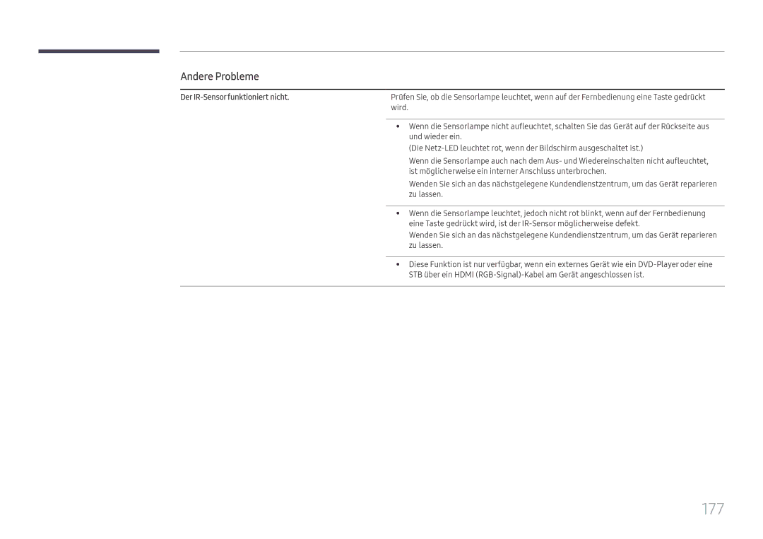 Samsung LH65DMEXTBC/EN manual 177, Der IR-Sensor funktioniert nicht 