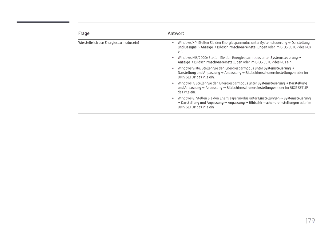 Samsung LH65DMEXTBC/EN manual 179, Frage, Antwort, Wie stelle ich den Energiesparmodus ein? 