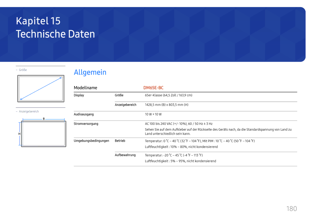 Samsung LH65DMEXTBC/EN manual Technische Daten, 180 