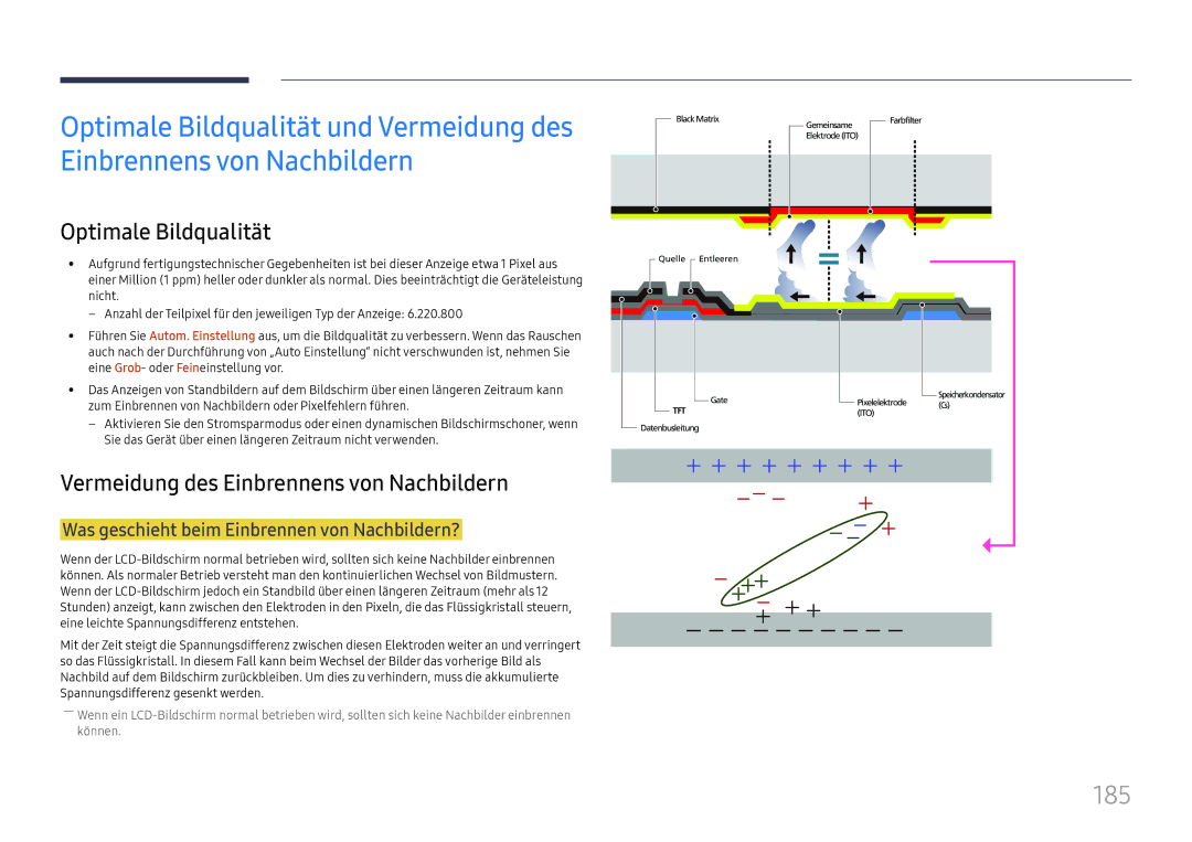 Samsung LH65DMEXTBC/EN manual 185, Optimale Bildqualität, Vermeidung des Einbrennens von Nachbildern 