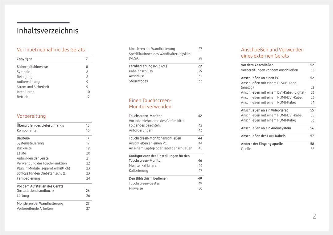 Samsung LH65DMEXTBC/EN manual Inhaltsverzeichnis 