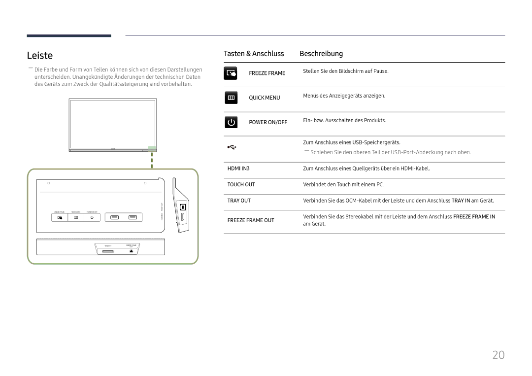 Samsung LH65DMEXTBC/EN manual Leiste, Tasten & Anschluss Beschreibung 