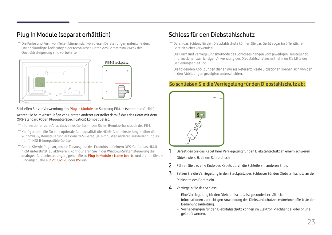 Samsung LH65DMEXTBC/EN manual Plug In Module separat erhältlich, Schloss für den Diebstahlschutz, Rückseite des Geräts ein 