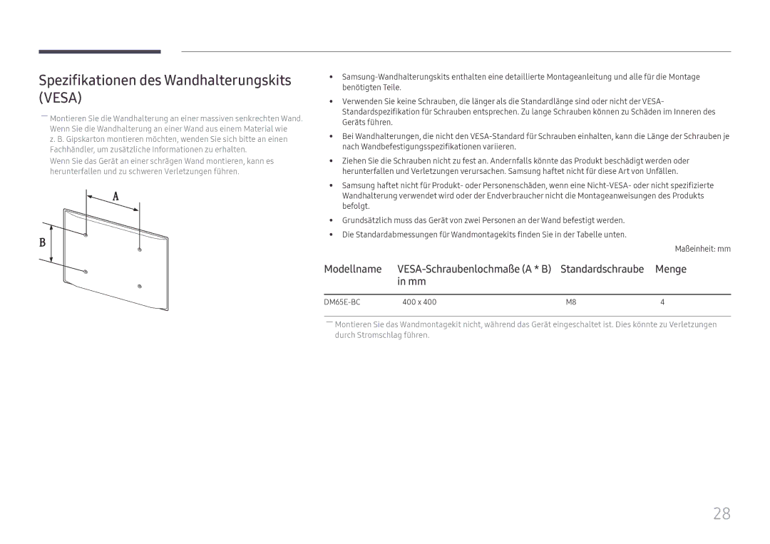 Samsung LH65DMEXTBC/EN manual Spezifikationen des Wandhalterungskits Vesa, Modellname 