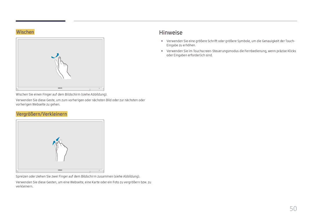 Samsung LH65DMEXTBC/EN manual Hinweise, Wischen, Vergrößern/Verkleinern 