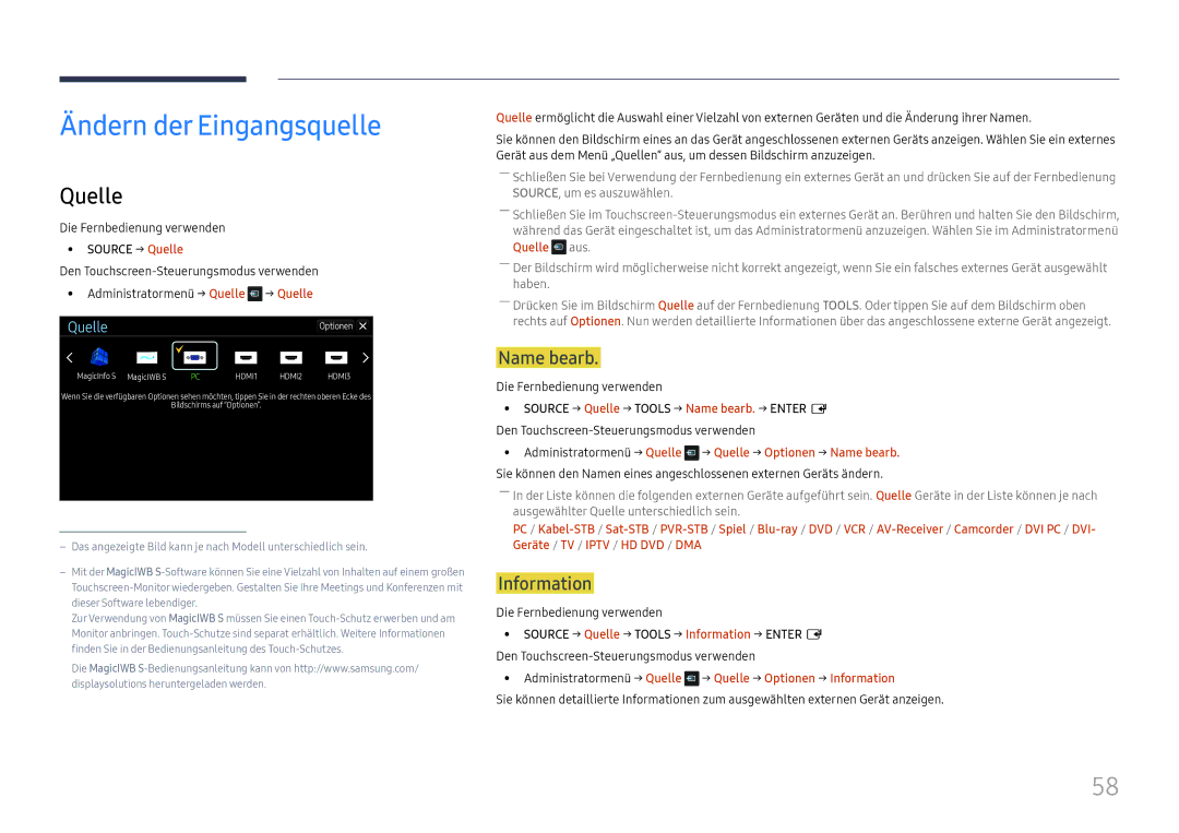 Samsung LH65DMEXTBC/EN manual Ändern der Eingangsquelle, Quelle, Name bearb, Information 