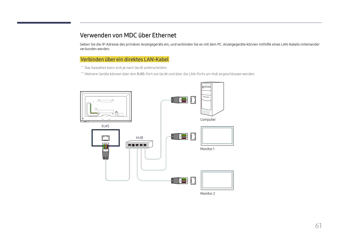 Samsung LH65DMEXTBC/EN manual Verwenden von MDC über Ethernet, Verbinden über ein direktes LAN-Kabel 