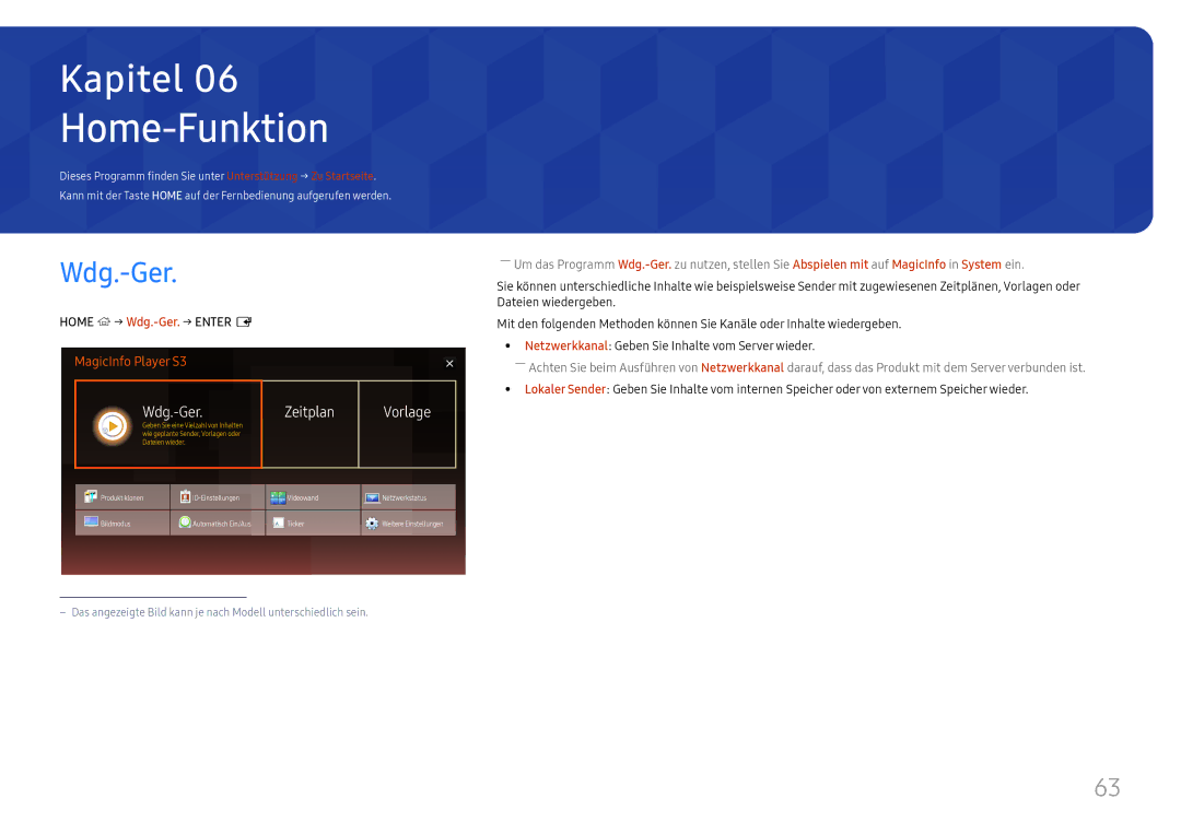 Samsung LH65DMEXTBC/EN manual Home-Funktion, Home → Wdg.-Ger.→ Enter E 