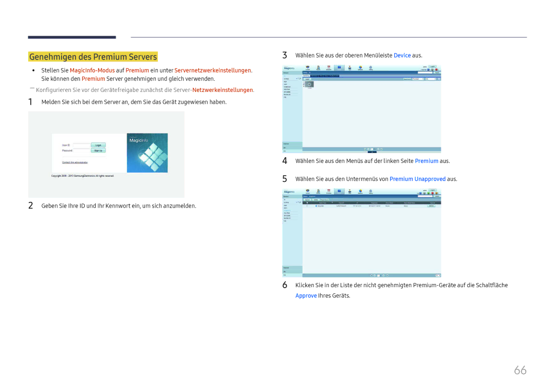 Samsung LH65DMEXTBC/EN manual Genehmigen des Premium Servers 