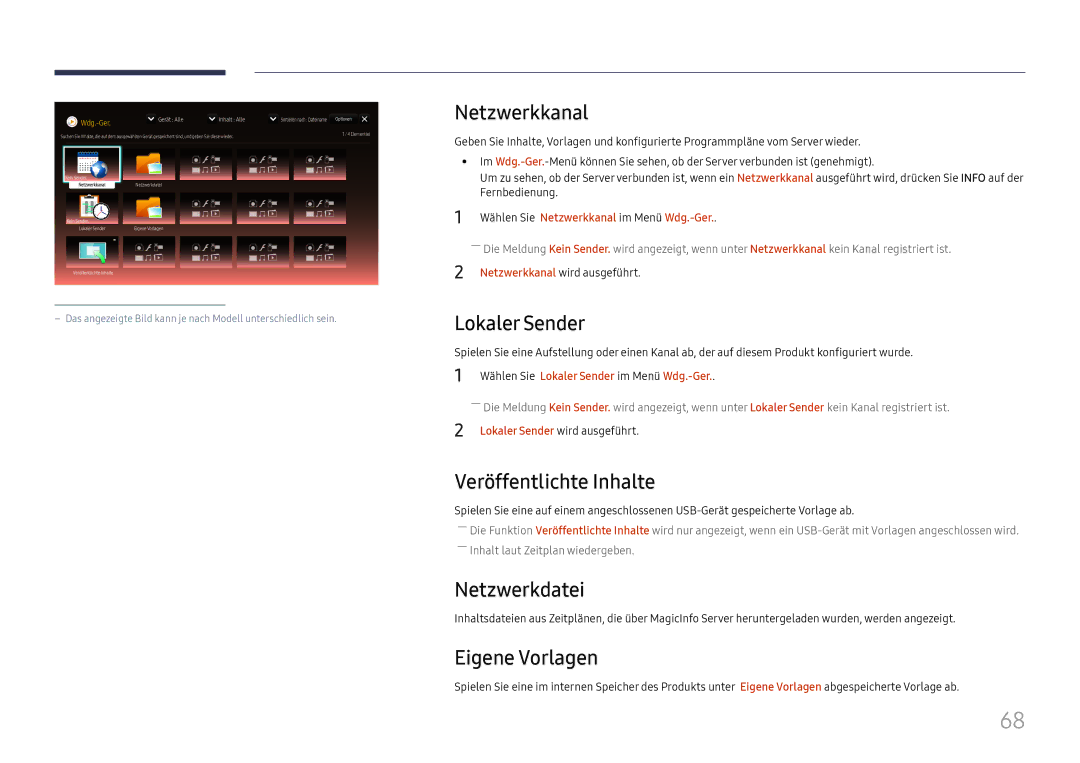 Samsung LH65DMEXTBC/EN manual Netzwerkkanal, Lokaler Sender, Veröffentlichte Inhalte, Netzwerkdatei, Eigene Vorlagen 