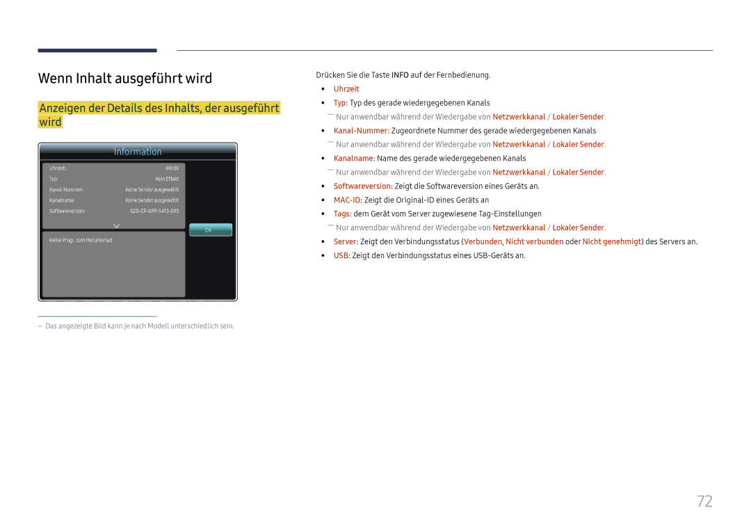 Samsung LH65DMEXTBC/EN manual Wenn Inhalt ausgeführt wird, Anzeigen der Details des Inhalts, der ausgeführt wird, Uhrzeit 