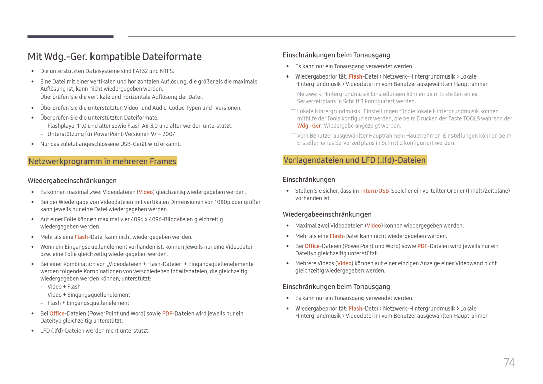 Samsung LH65DMEXTBC/EN manual Mit Wdg.-Ger. kompatible Dateiformate, Netzwerkprogramm in mehreren Frames 