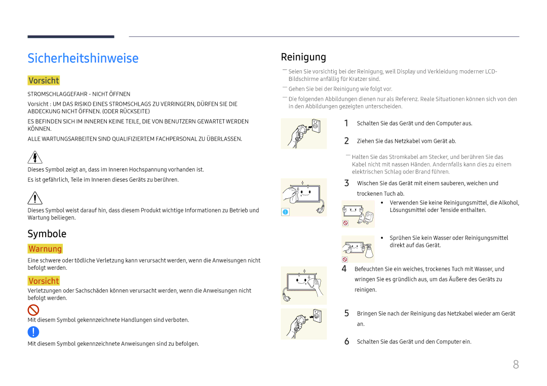 Samsung LH65DMEXTBC/EN manual Sicherheitshinweise, Symbole, Reinigung, Vorsicht 