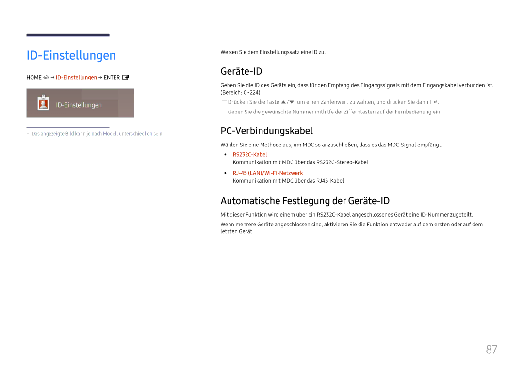 Samsung LH65DMEXTBC/EN manual ID-Einstellungen, PC-Verbindungskabel, Automatische Festlegung der Geräte-ID 