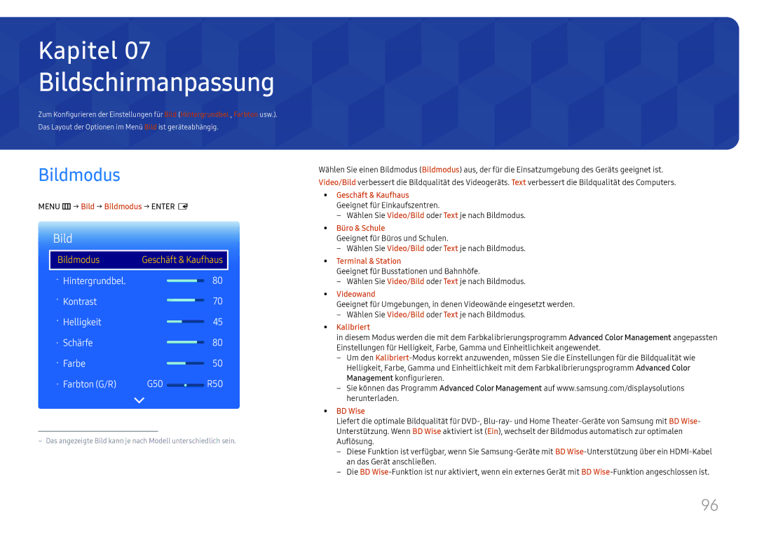 Samsung LH65DMEXTBC/EN manual Bildschirmanpassung, Menu m → Bild → Bildmodus → Enter E 