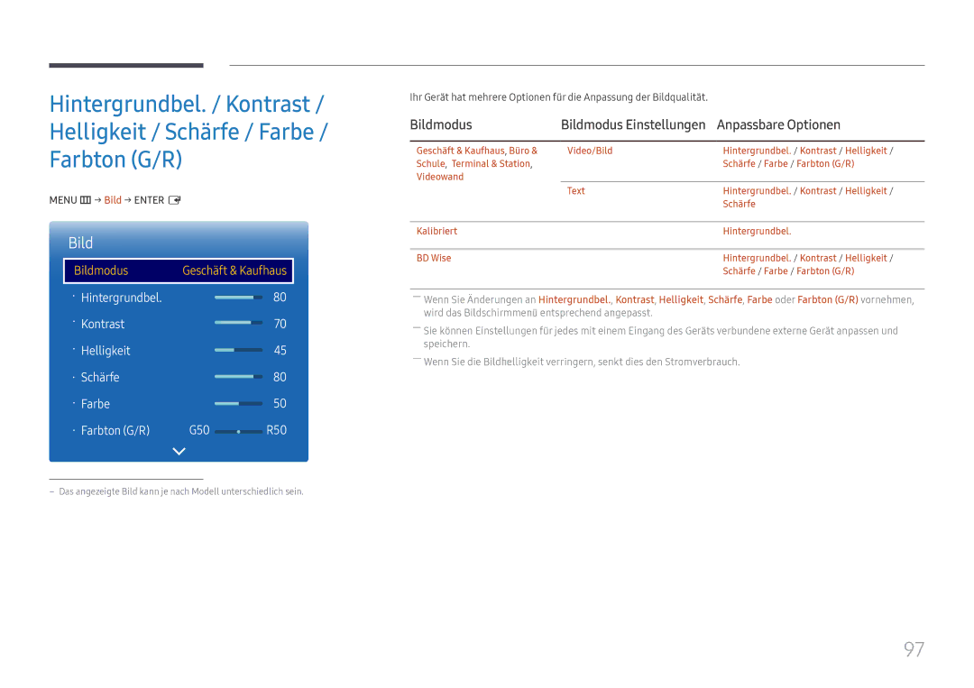 Samsung LH65DMEXTBC/EN manual Anpassbare Optionen, Bildmodus Einstellungen, Menu m → Bild → Enter E 