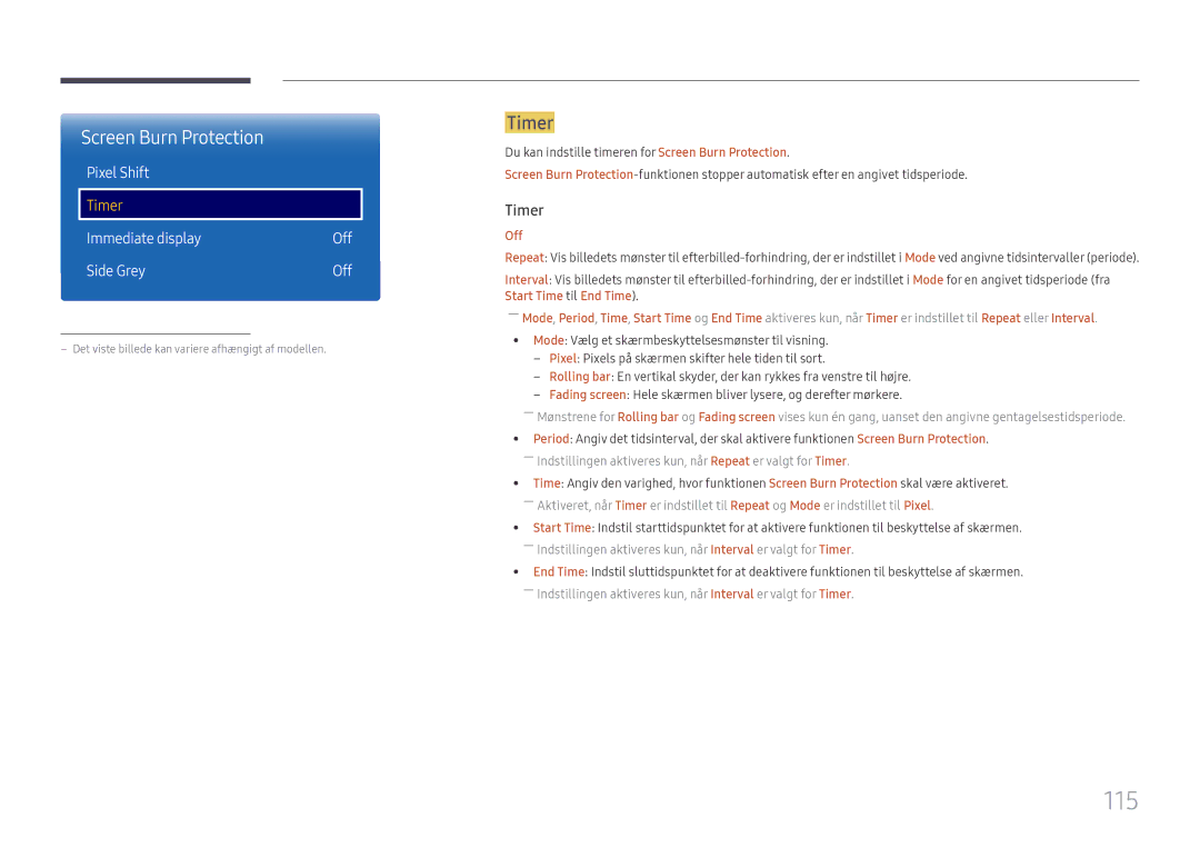 Samsung LH65DMEXTBC/EN manual 115, Screen Burn Protection, Timer 