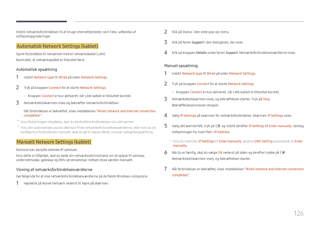 Samsung LH65DMEXTBC/EN manual 126, Automatisk Network Settings kablet, Manuelt Network Settings kablet 