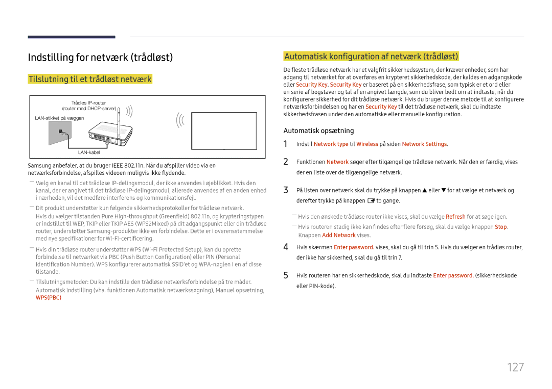 Samsung LH65DMEXTBC/EN manual 127, Indstilling for netværk trådløst, Tilslutning til et trådløst netværk 